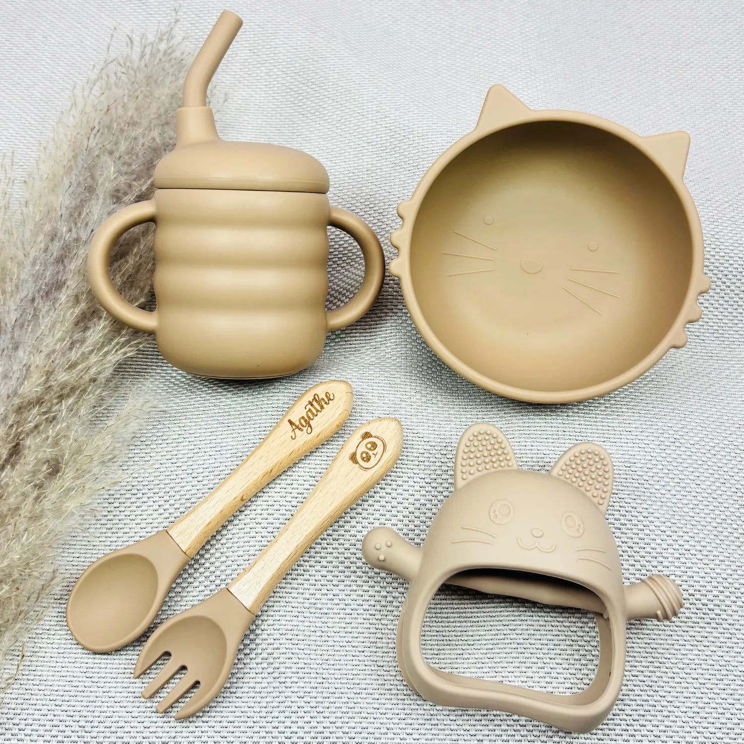 Baby-Crea Coffret repas bébé set repas chat personnalisé vert olive silicone
