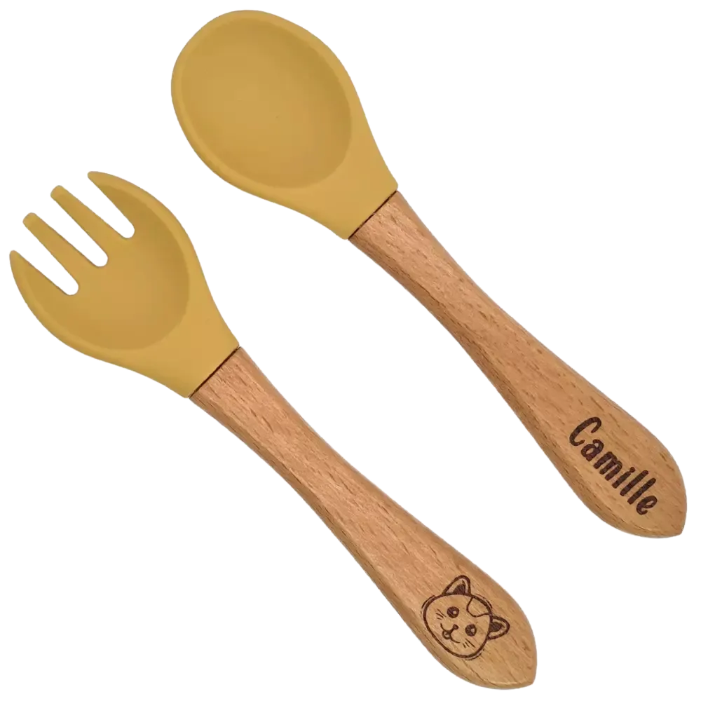 Baby-Crea Vaisselle Bébé couverts personnalisés bois et silicone Rouge tomette