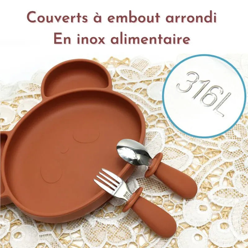 Baby-Crea Coffret repas bébé Panda assiette bol ventouse couverts inox rose pâle