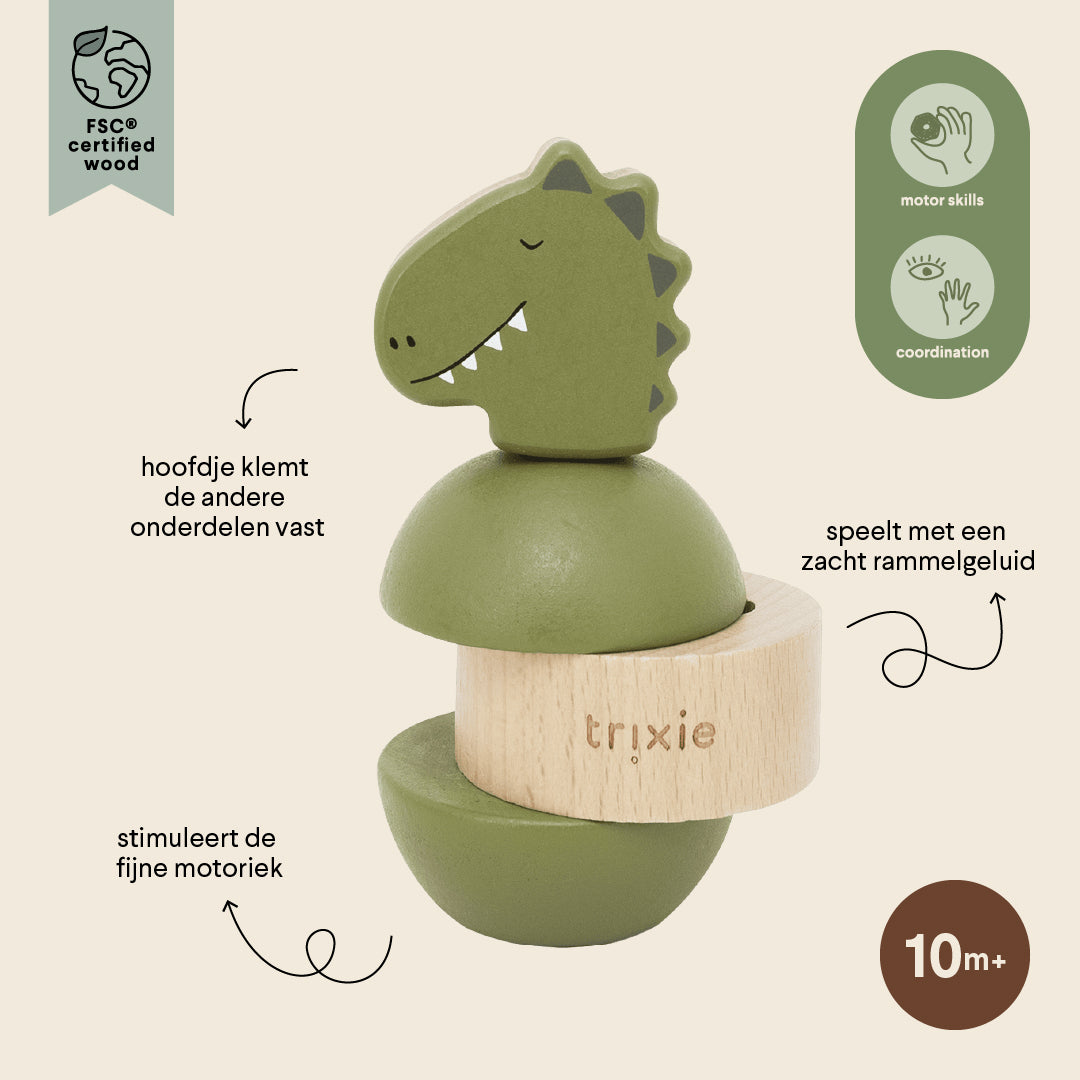 Trixie Baby Jouets à empiler jouet d’empilage avec hochet Mr. Dino en bois