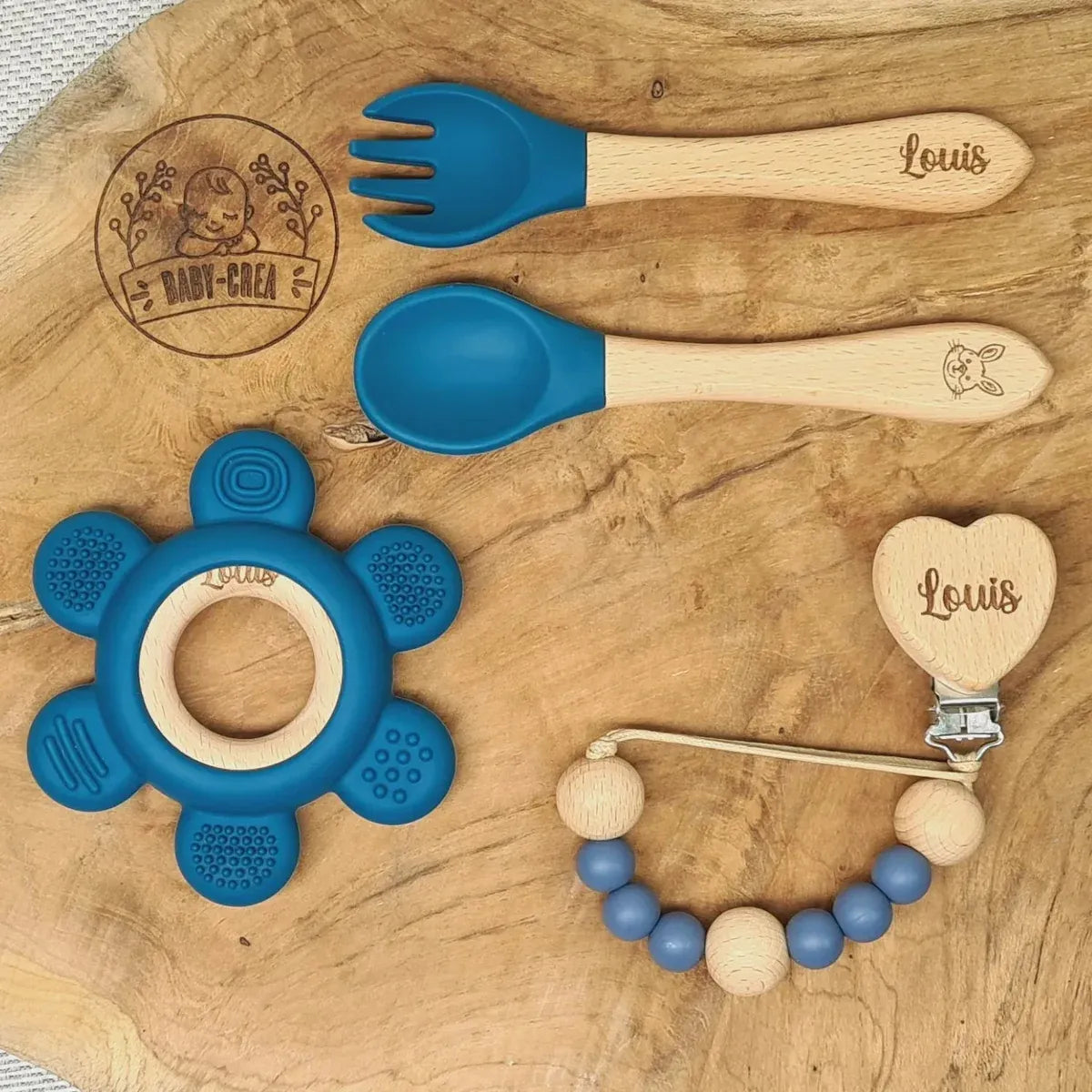 Baby-Crea Coffret naissance personnalisé couverts attache-tétine couronne Bleu marine