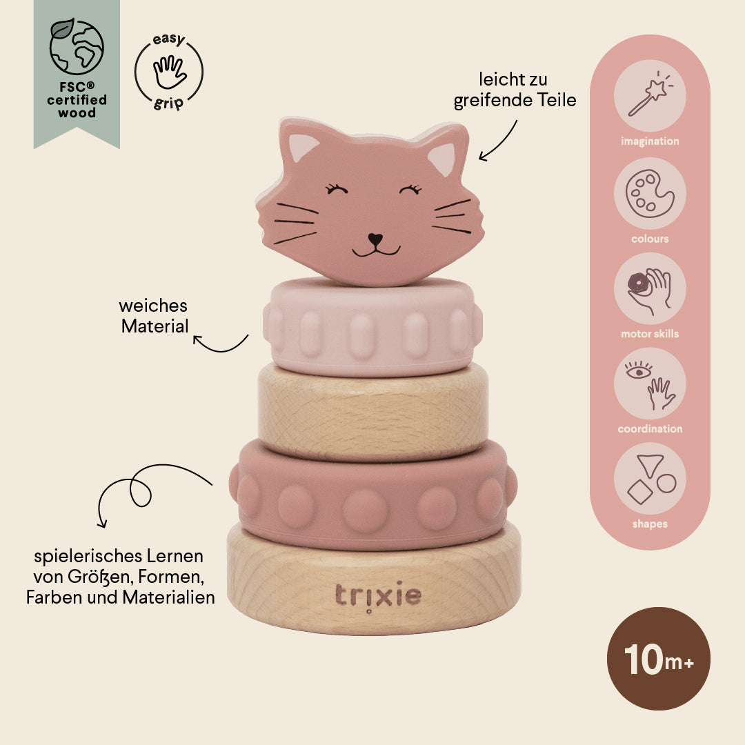 Trixie Baby Jouets à empiler Tour à empiler Mrs. Cat bois et silicone