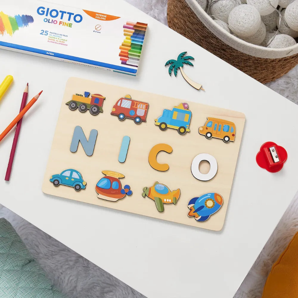 Baby-Crea Puzzle bébé en bois personnalisé puzzle prénom véhicules