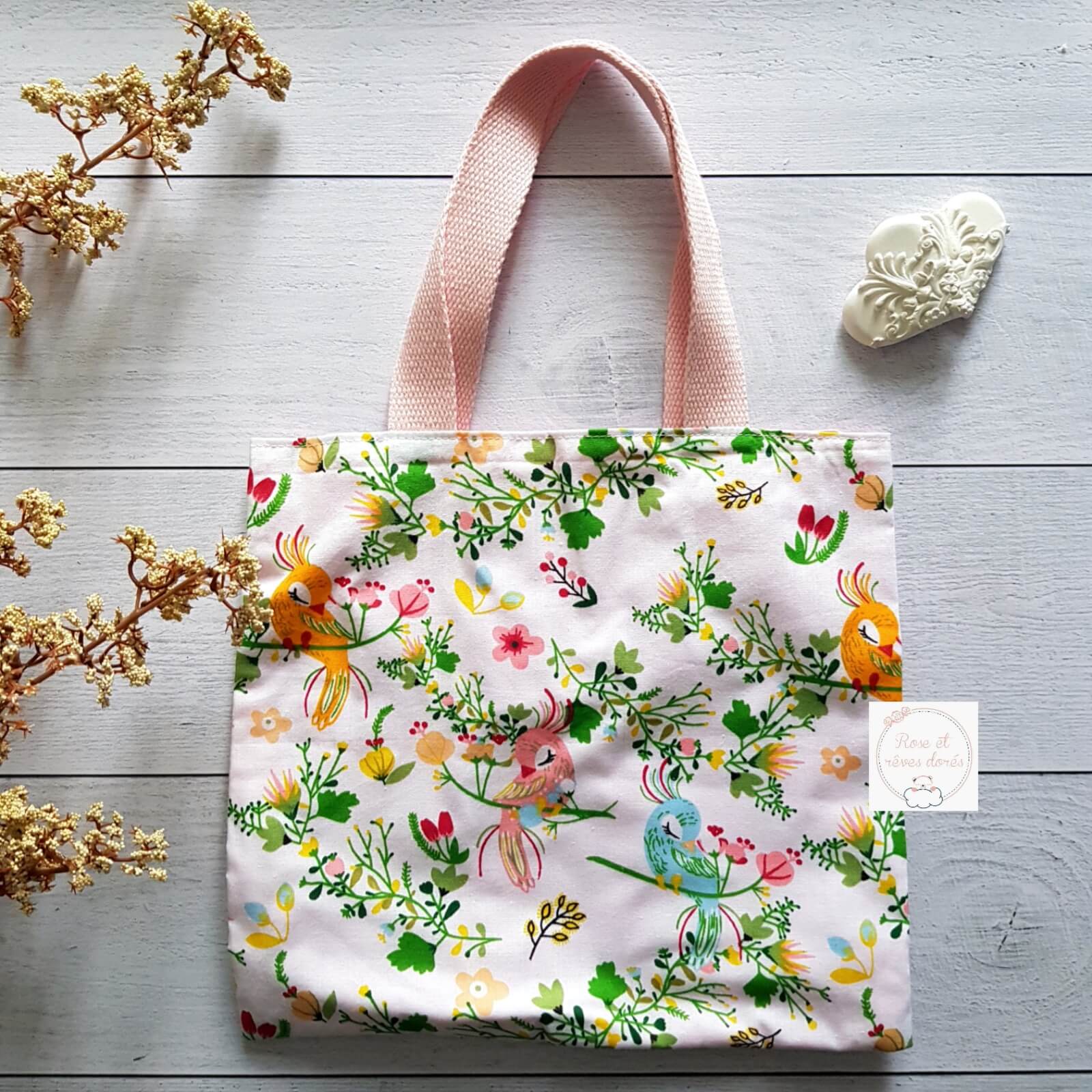 Rose et rêves dorés P’tit tote bag enfant Oiseaux de paradis réversible