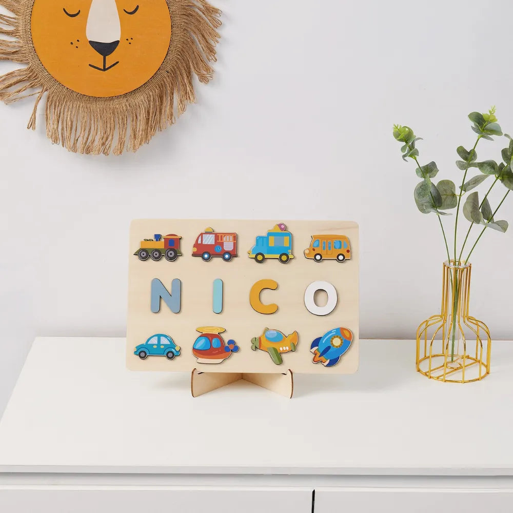 Baby-Crea Puzzle bébé en bois personnalisé puzzle prénom véhicules