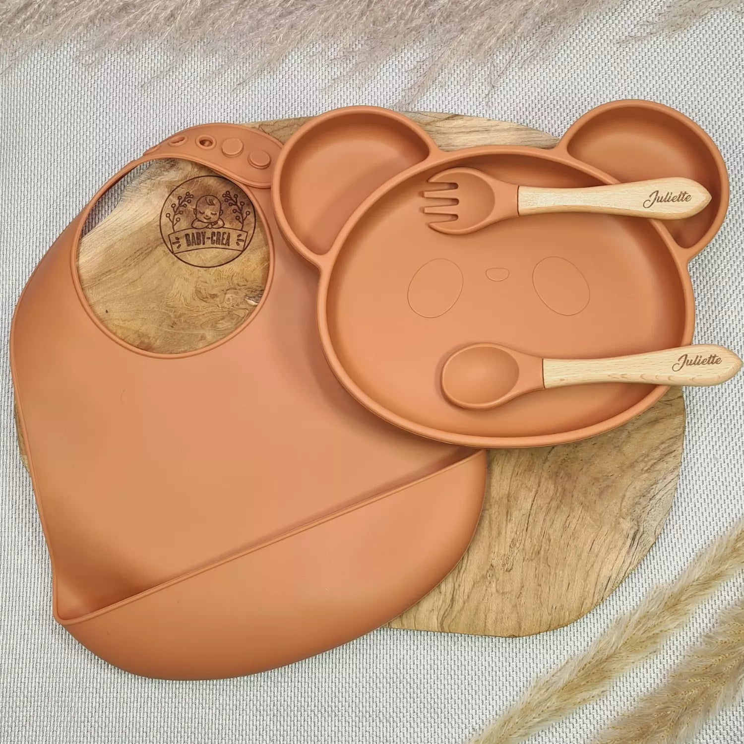 Baby-Crea Coffret repas bébé Assiette Panda personnalisé vert olive