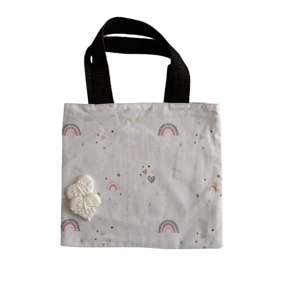 Rose et rêves dorés Sacs divers P’tit tote bag enfant réversible Arc en ciel rosés 23,5 cm coton