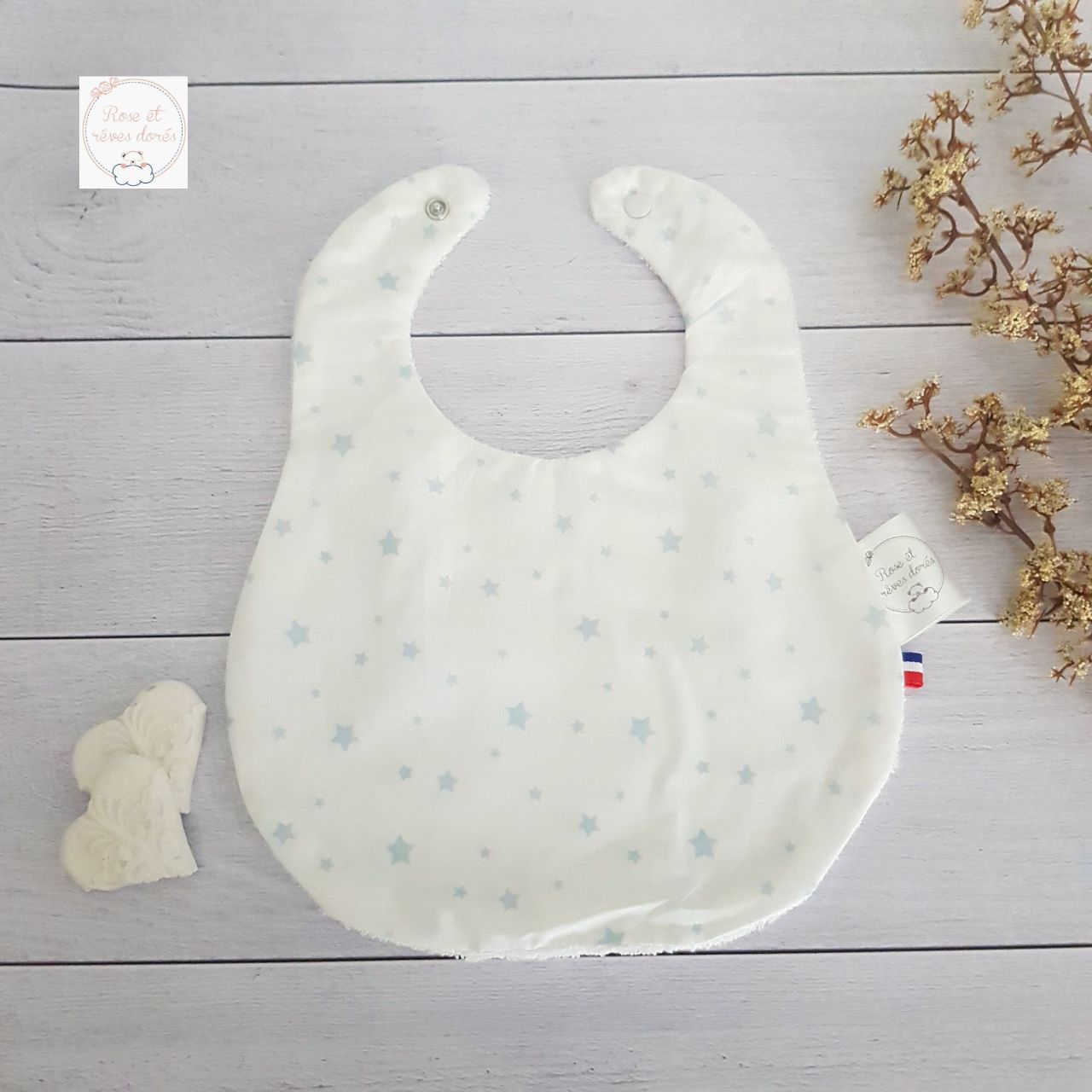 Rose et rêves dorés Bavoirs collection Dragée bavoir bébé blanc et bleu ciel absorbant