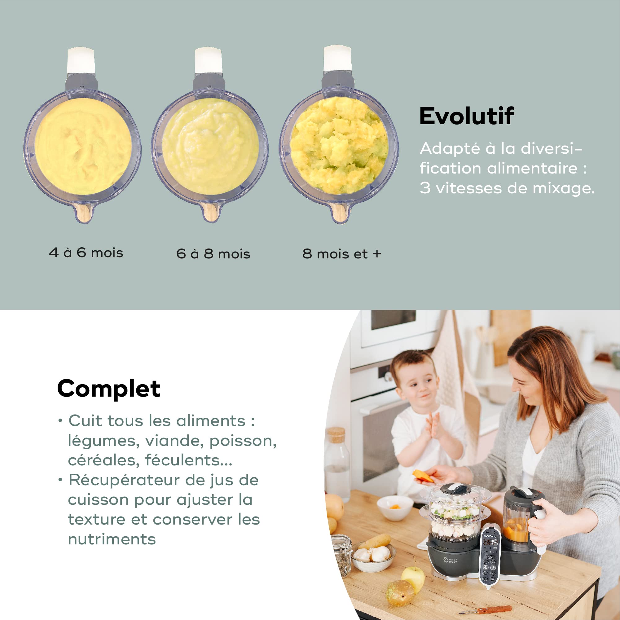 Babymoov Nutribaby(+) robot cuiseur bébé beige avec 6 pots en verre 250 ml