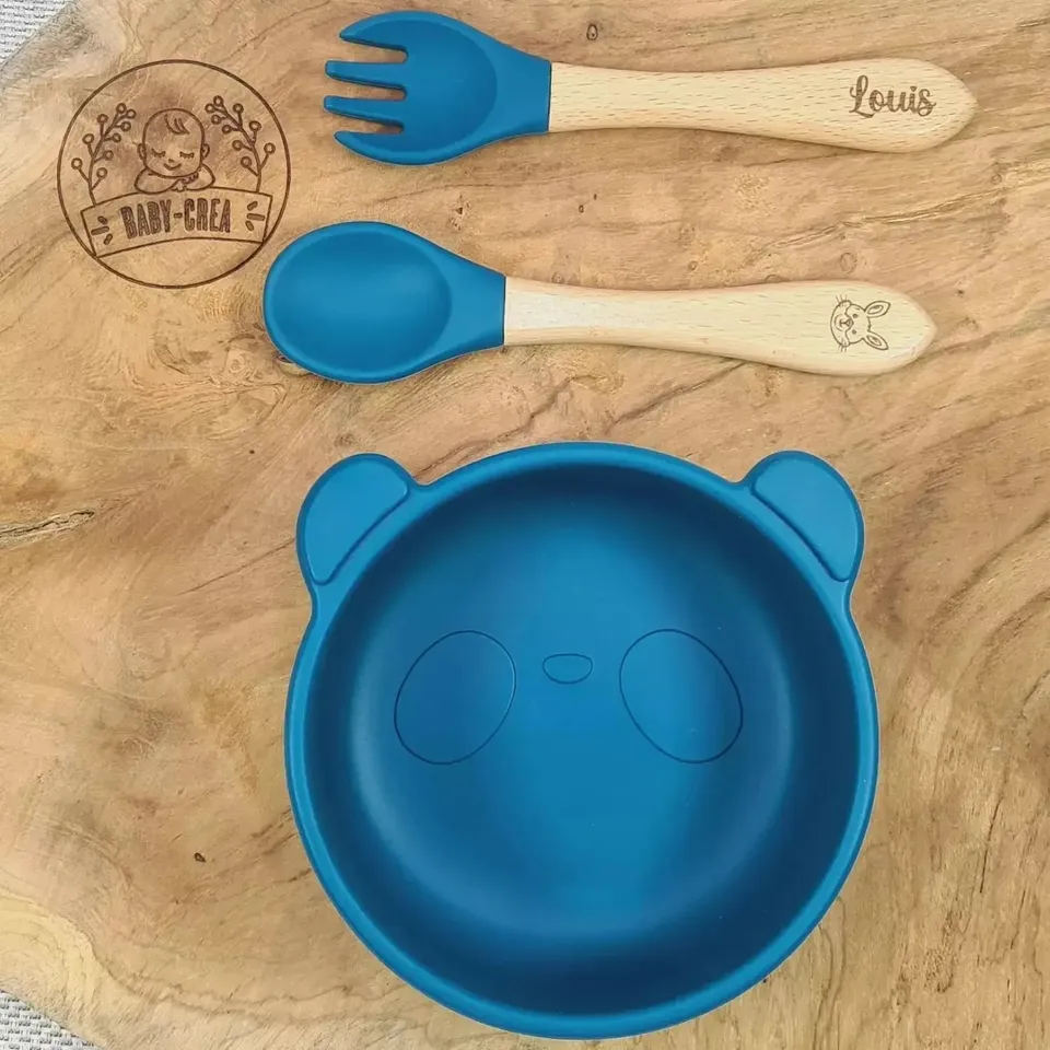 Baby-Crea Vaisselle Bébé Bol Panda à ventouse et couverts vert olive