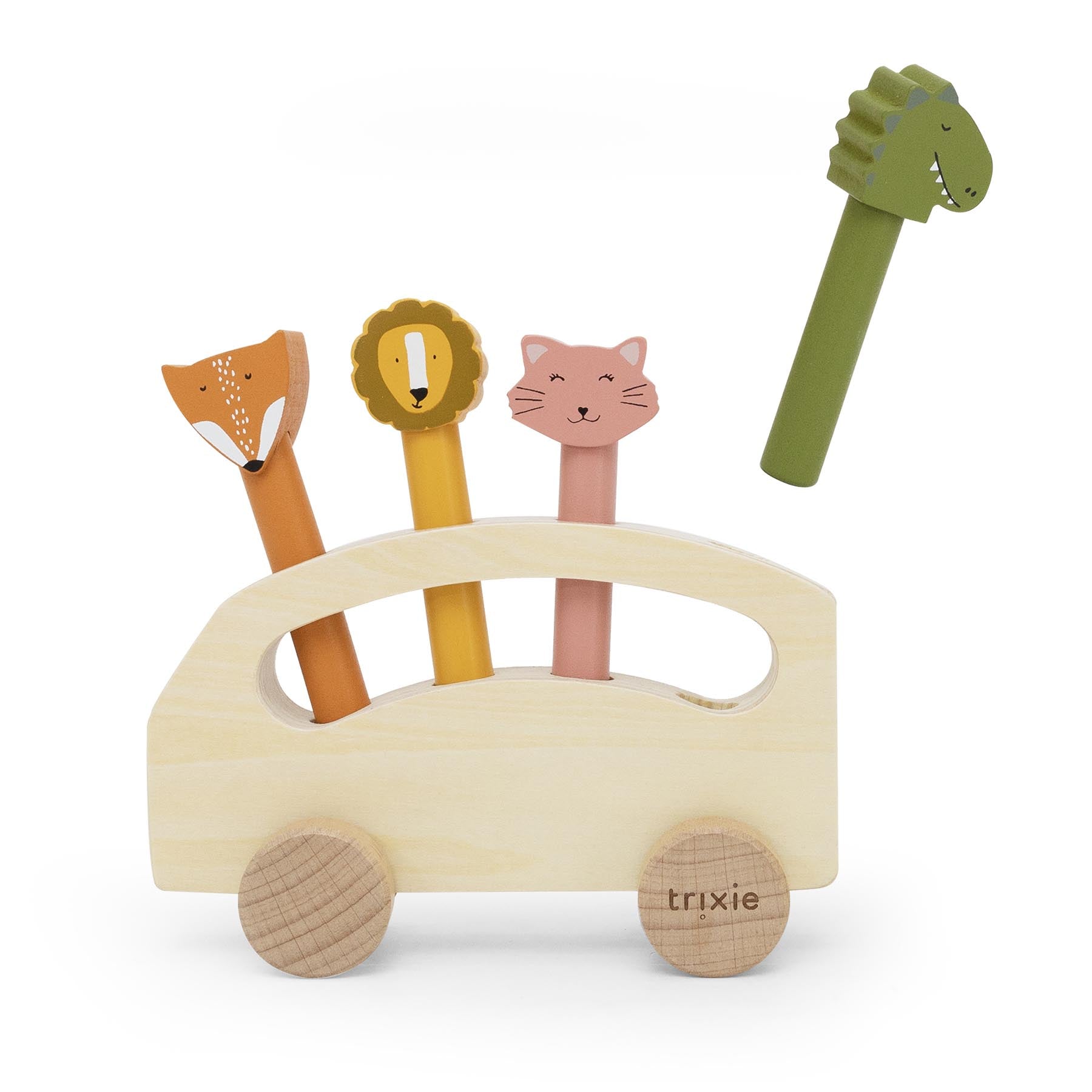 Trixie Baby Jouets à roulettes bus en bois avec animaux pop-up