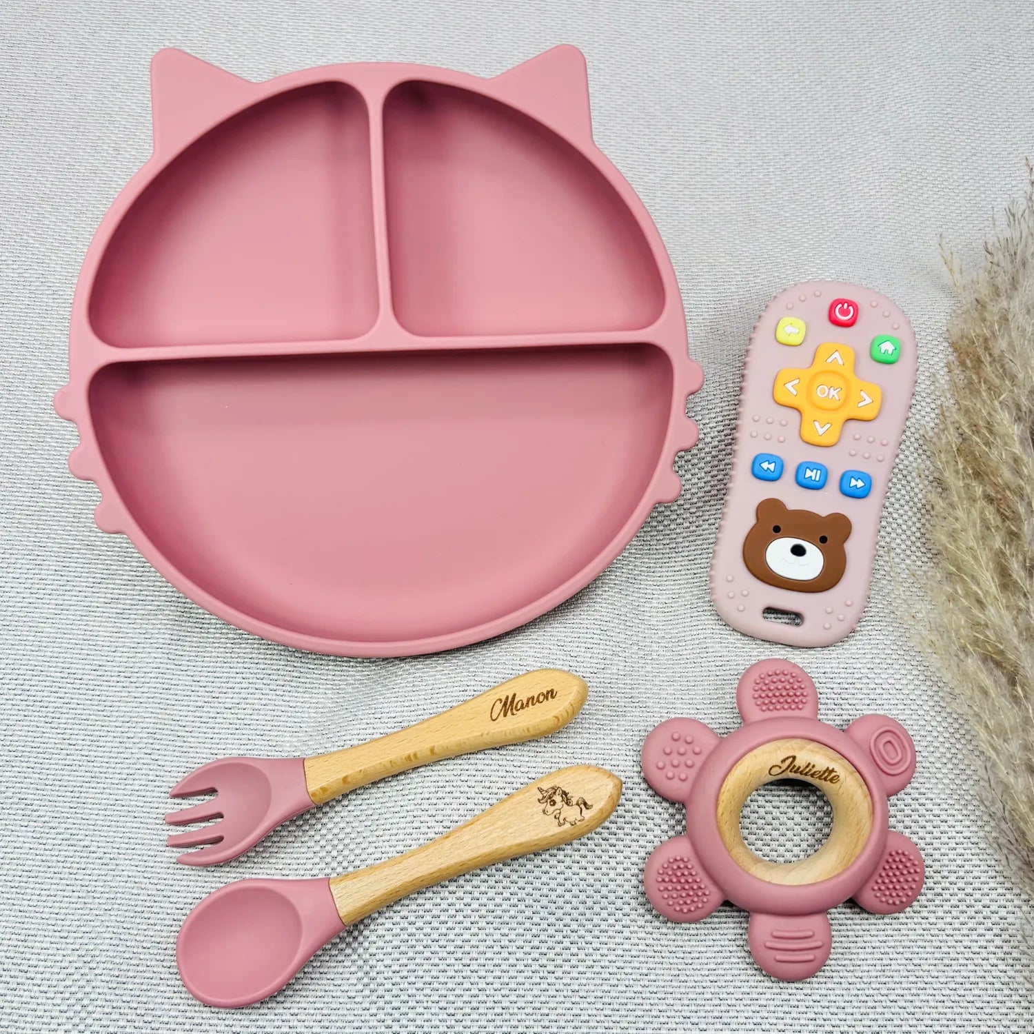 Baby-Crea Coffret repas bébé assiette silicone vert olive personnalisé