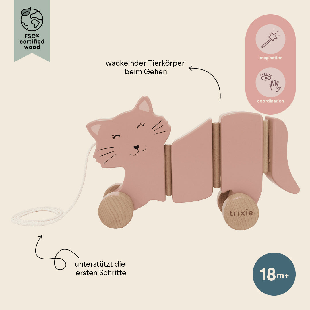 Trixie Baby Jouets à pousser et à tirer Mrs. Cat jouet à tirer en bois FSC