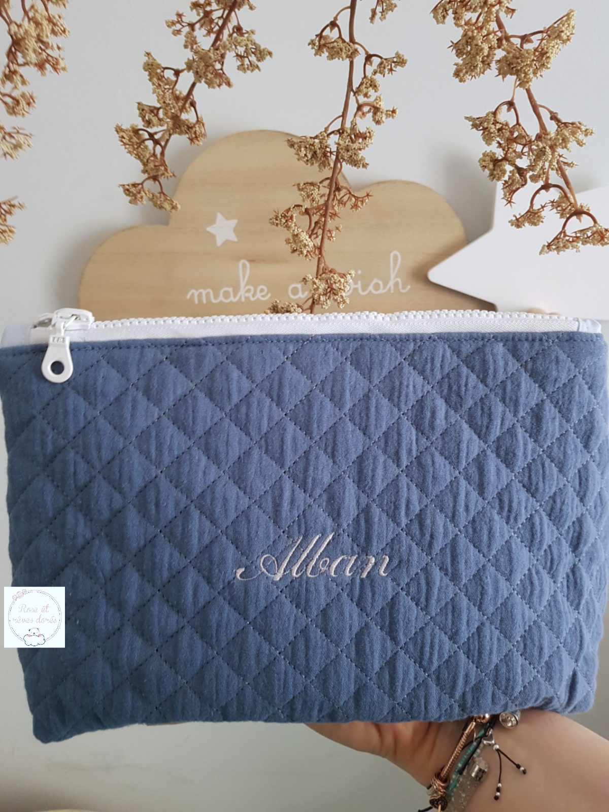 Rose et rêves dorés Créations sur-mesure trousse de toilette personnalisée taille M