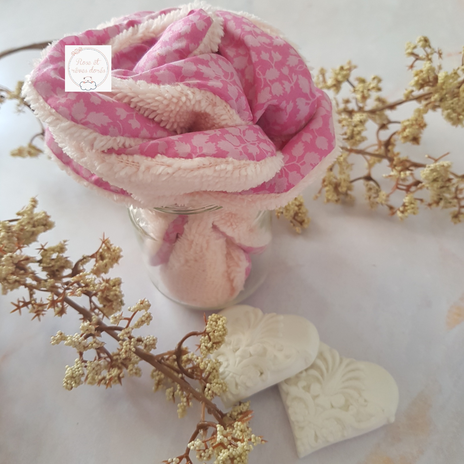 Rose et rêves dorés Lingettes, serviette visage, gants Fleur de lingettes Glenjade rose lot de 4