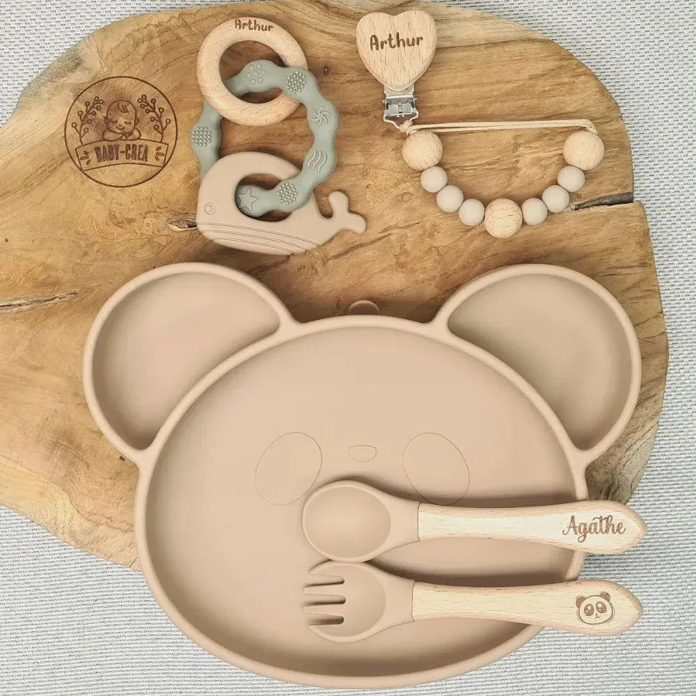 Baby-Crea Coffret naissance personnalisé coffret repas panda vert olive
