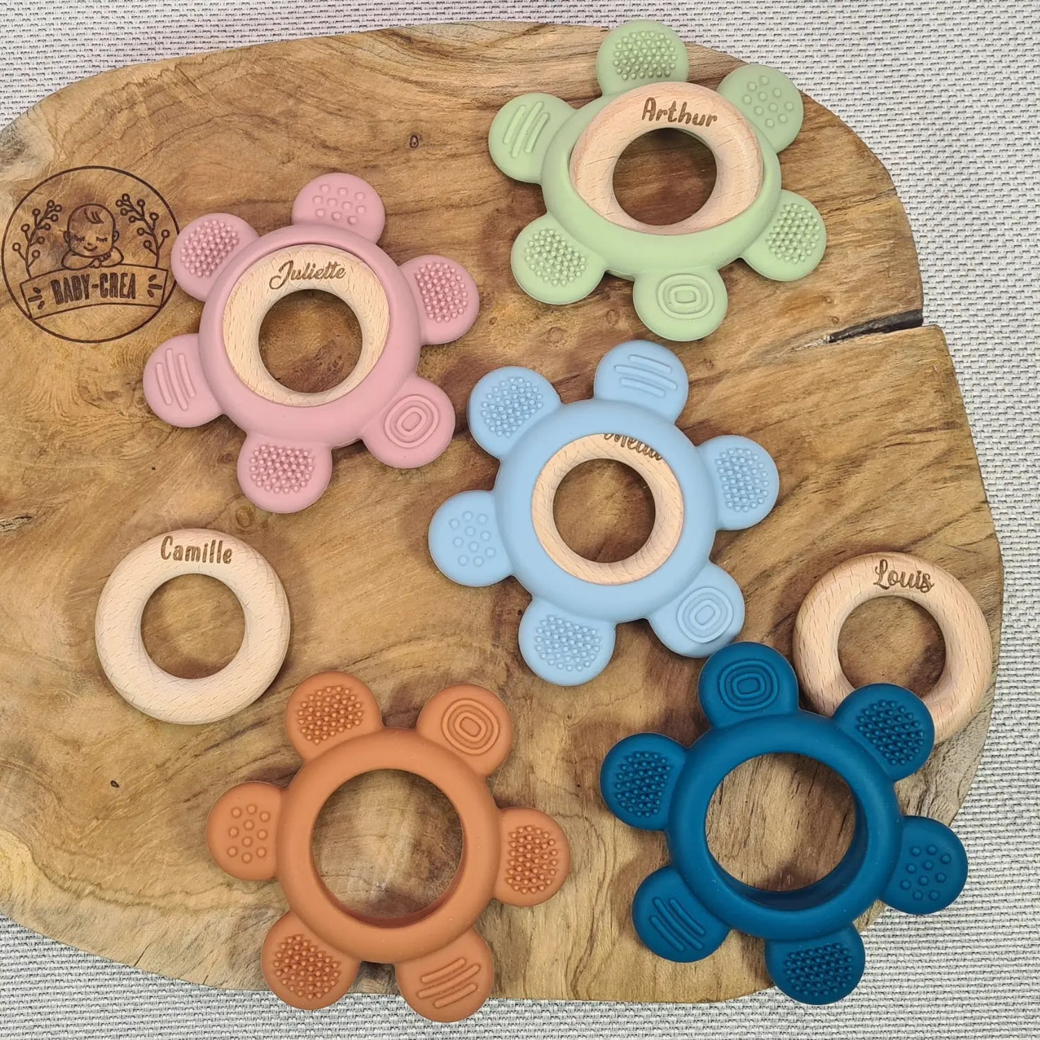 Baby-Crea Anneau de dentition bébé couronne bleu clair bois et silicone