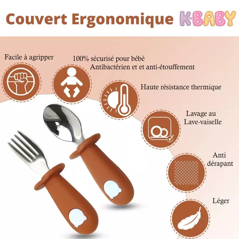 Baby-Crea Vaisselle Bébé couvert inox ergonomique rouge tommette dès 12 mois