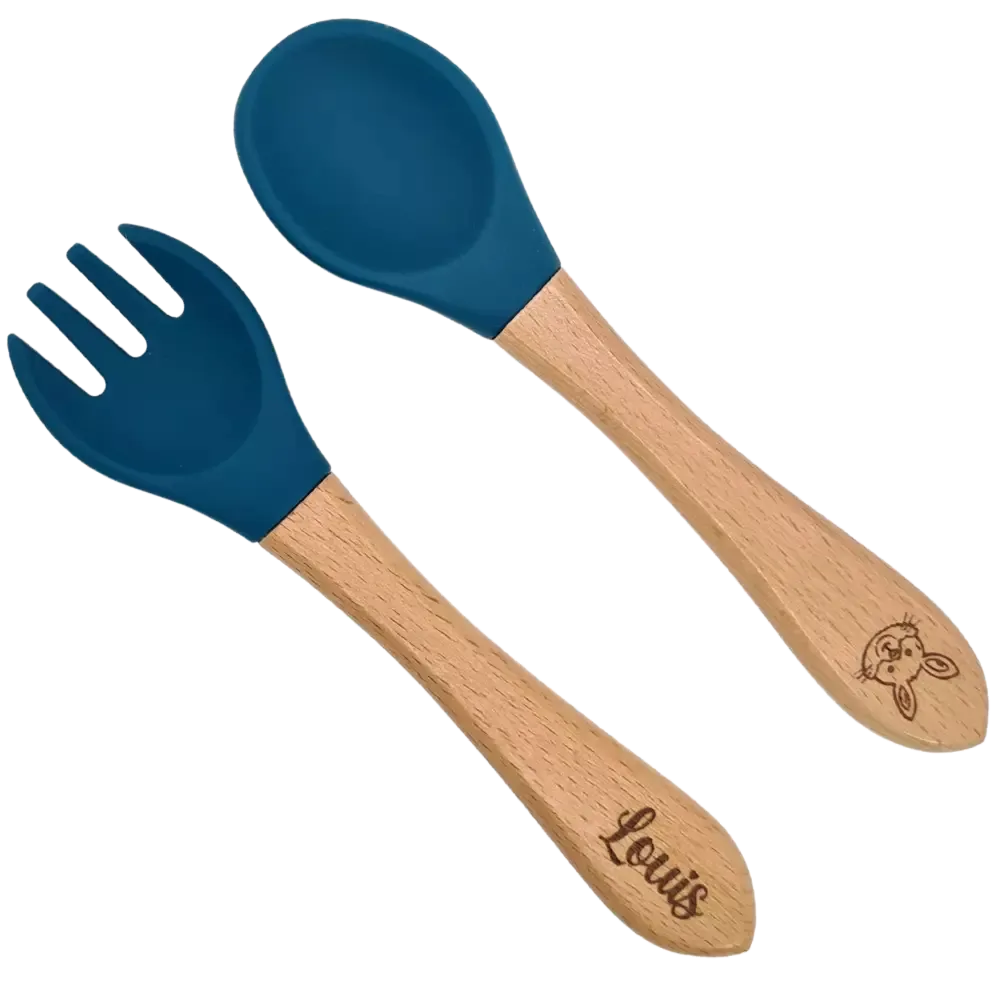 Baby-Crea Vaisselle Bébé couverts personnalisés bois et silicone Rouge tomette