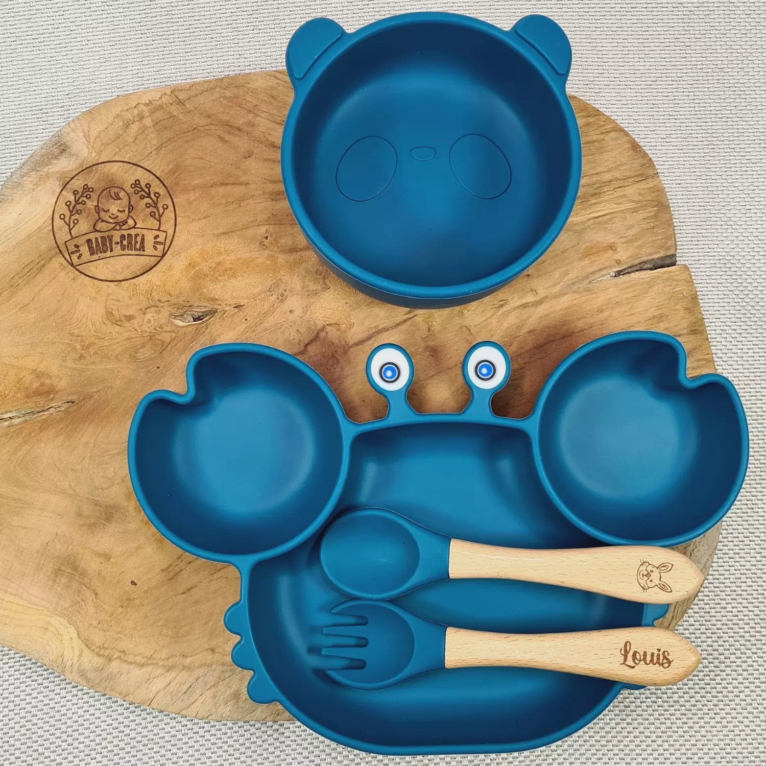 Baby-Crea Coffret repas bébé assiette crabe bol panda vert olive personnalisé