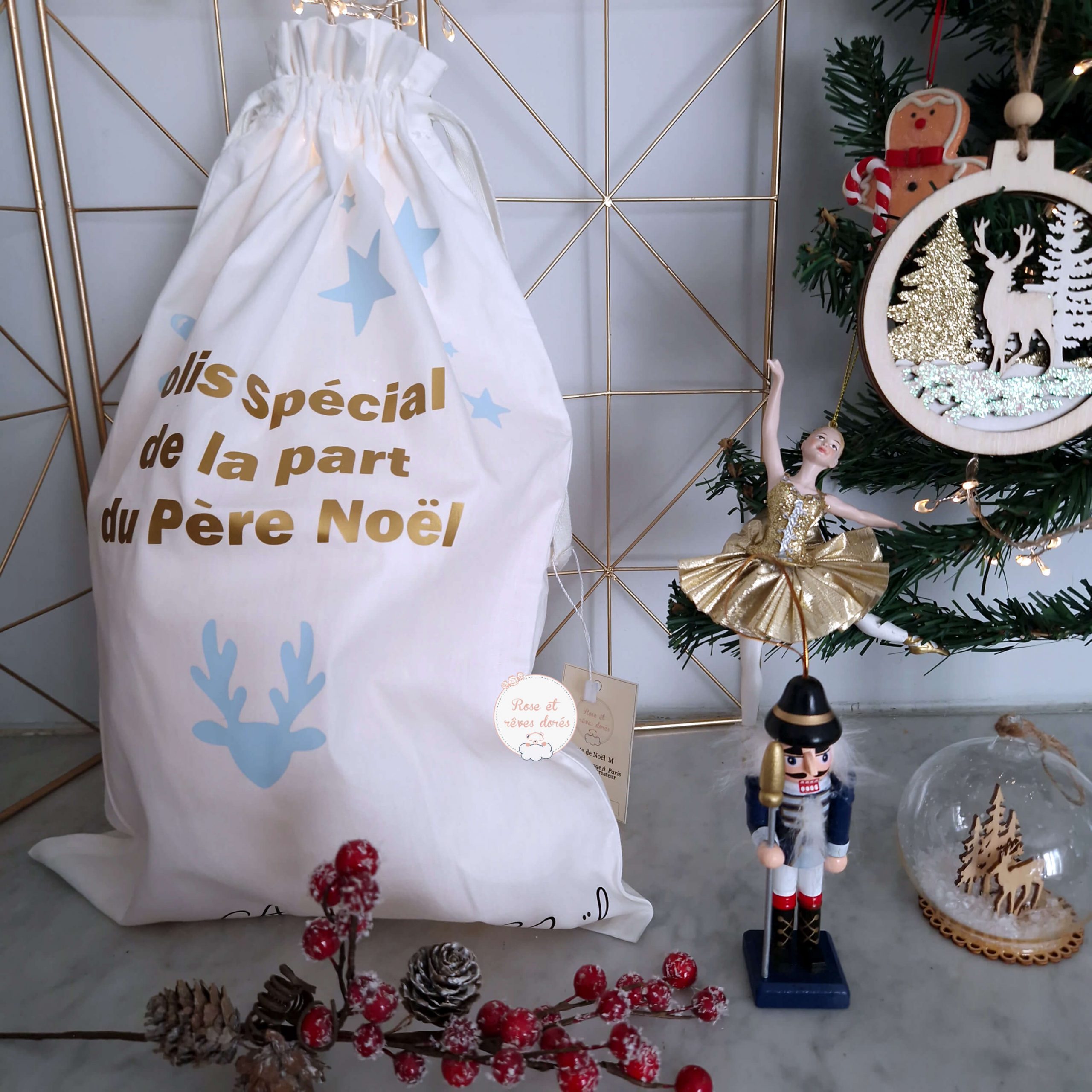 Rose et rêves dorés Noël Hotte de Noël personnalisable prénom réutilisable