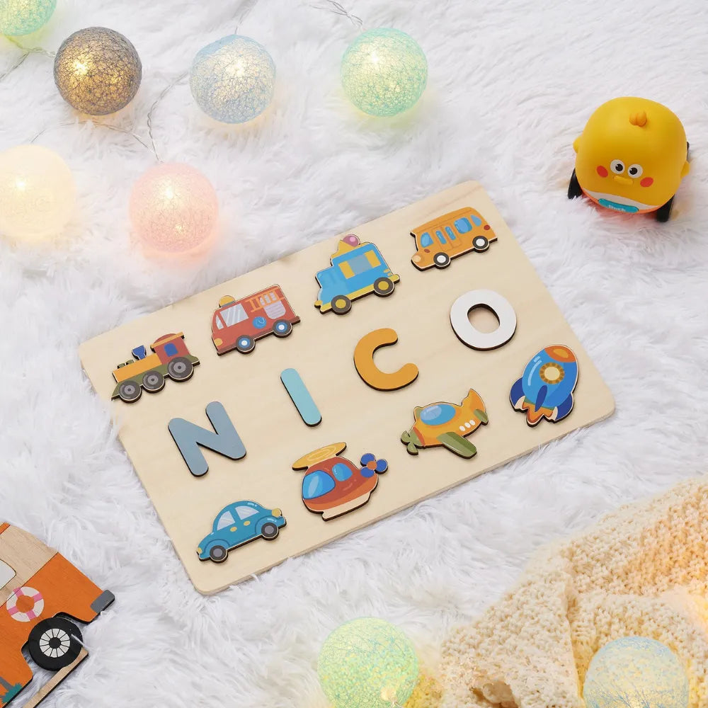 Baby-Crea Puzzle bébé en bois personnalisé puzzle prénom véhicules