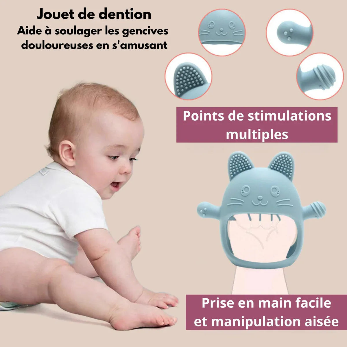 Baby-Crea Anneau de dentition bébé chat rose en silicone sans BPA