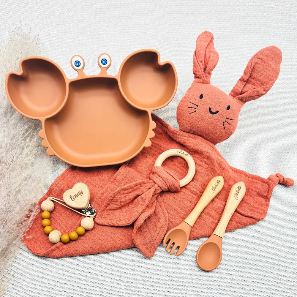 Baby-Crea Coffret repas bébé assiette crabe rouge tomette personnalisé