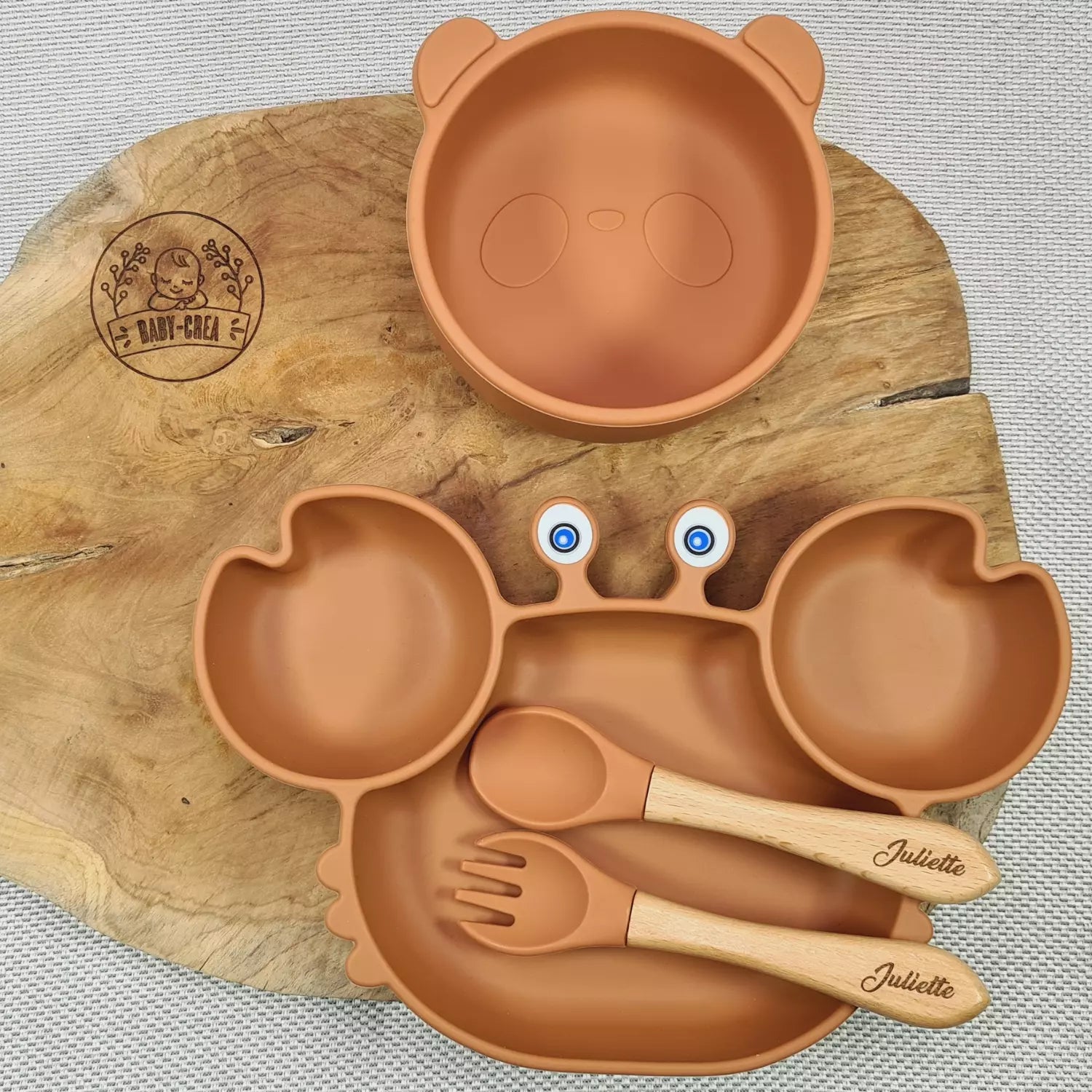Baby-Crea Coffret repas bébé assiette crabe bol panda vert olive personnalisé