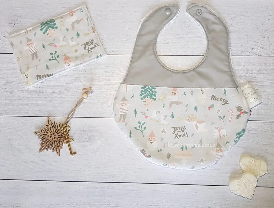 Rose et rêves dorés Noël Duo de Noël blanc l’Intemporel bavoir et lingette