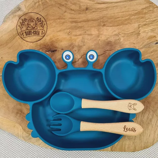 Baby-Crea Coffret repas bébé assiette crabe et couverts Vert olive