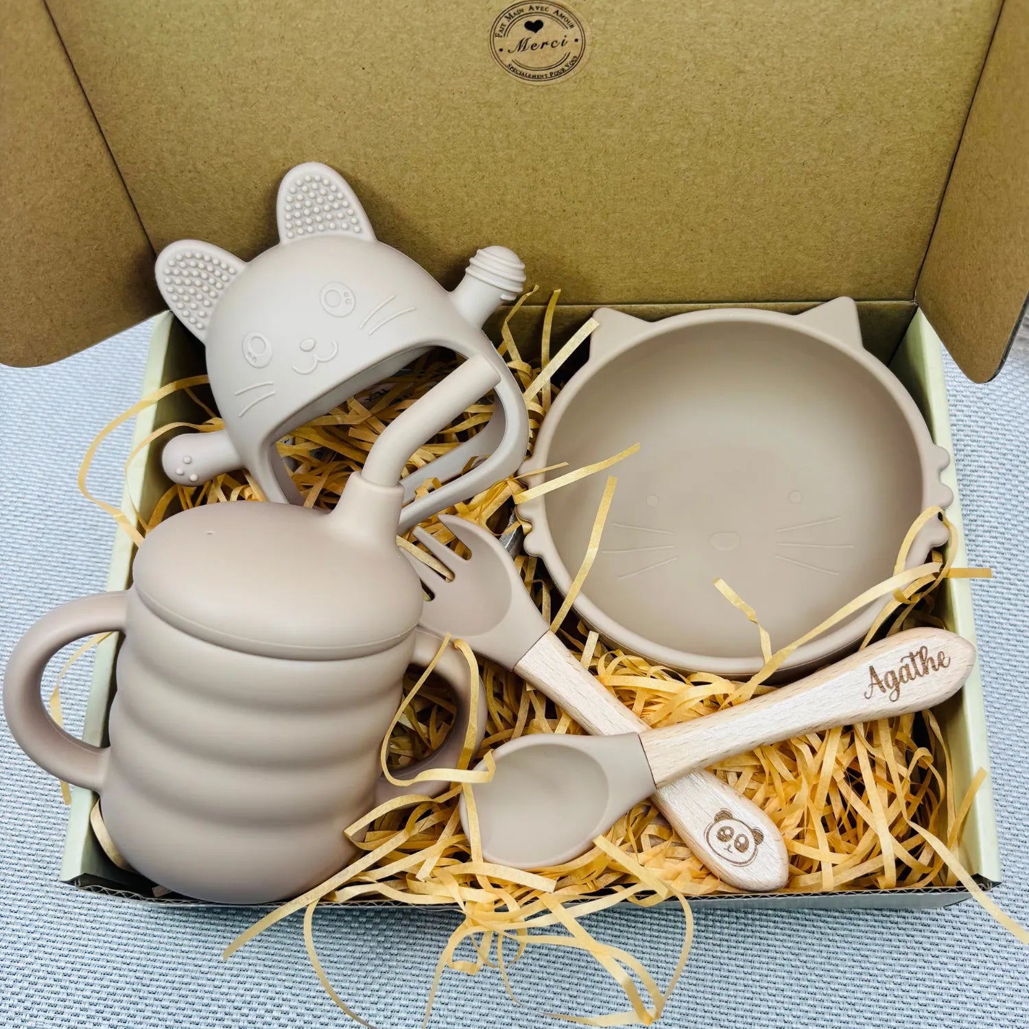 Baby-Crea Coffret repas bébé set repas chat personnalisé vert olive silicone