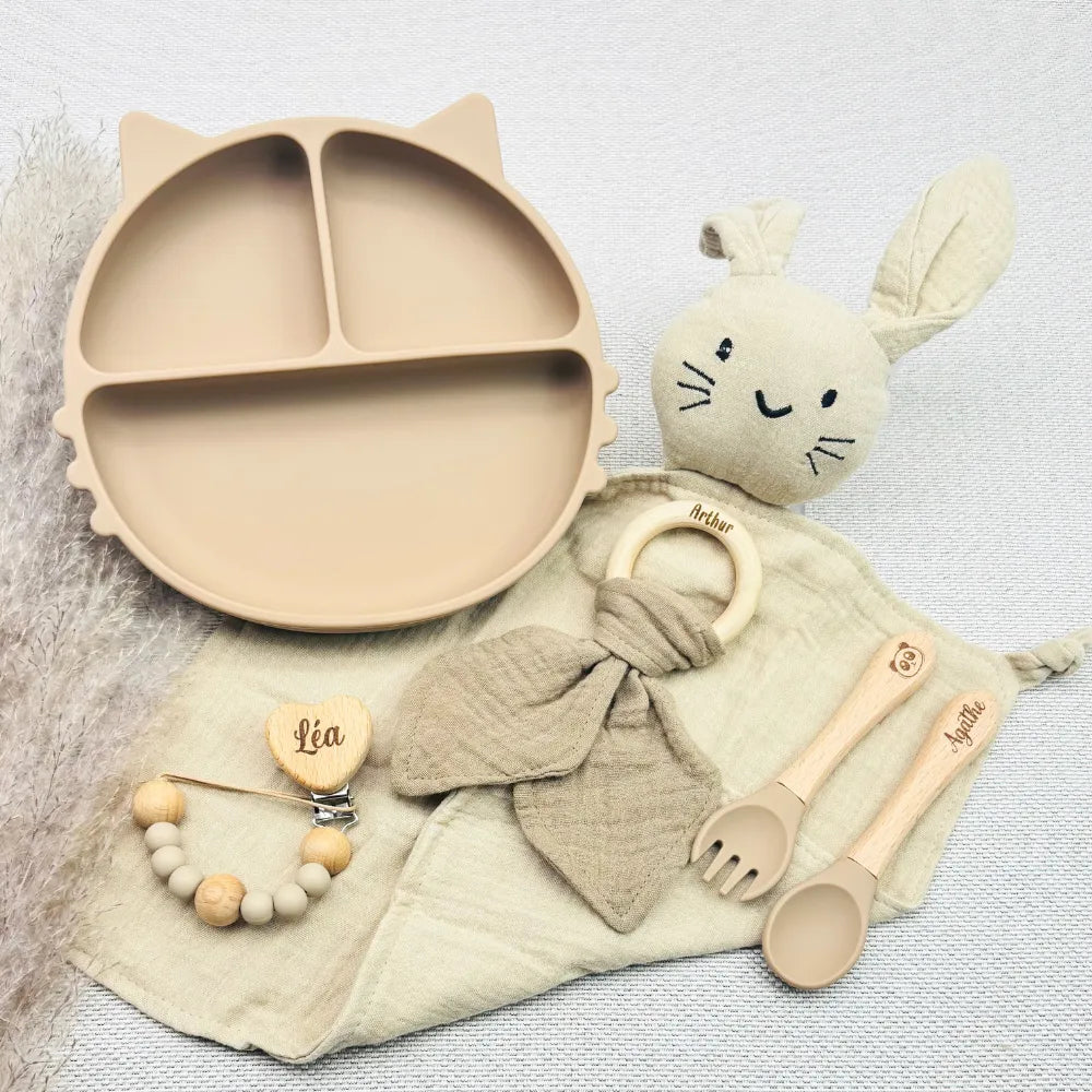 Baby-Crea Coffret repas bébé coffret repas vert olive avec doudou