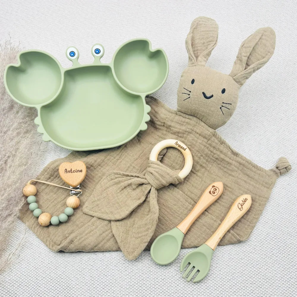 Baby-Crea Coffret repas bébé assiette crabe rouge tomette personnalisé