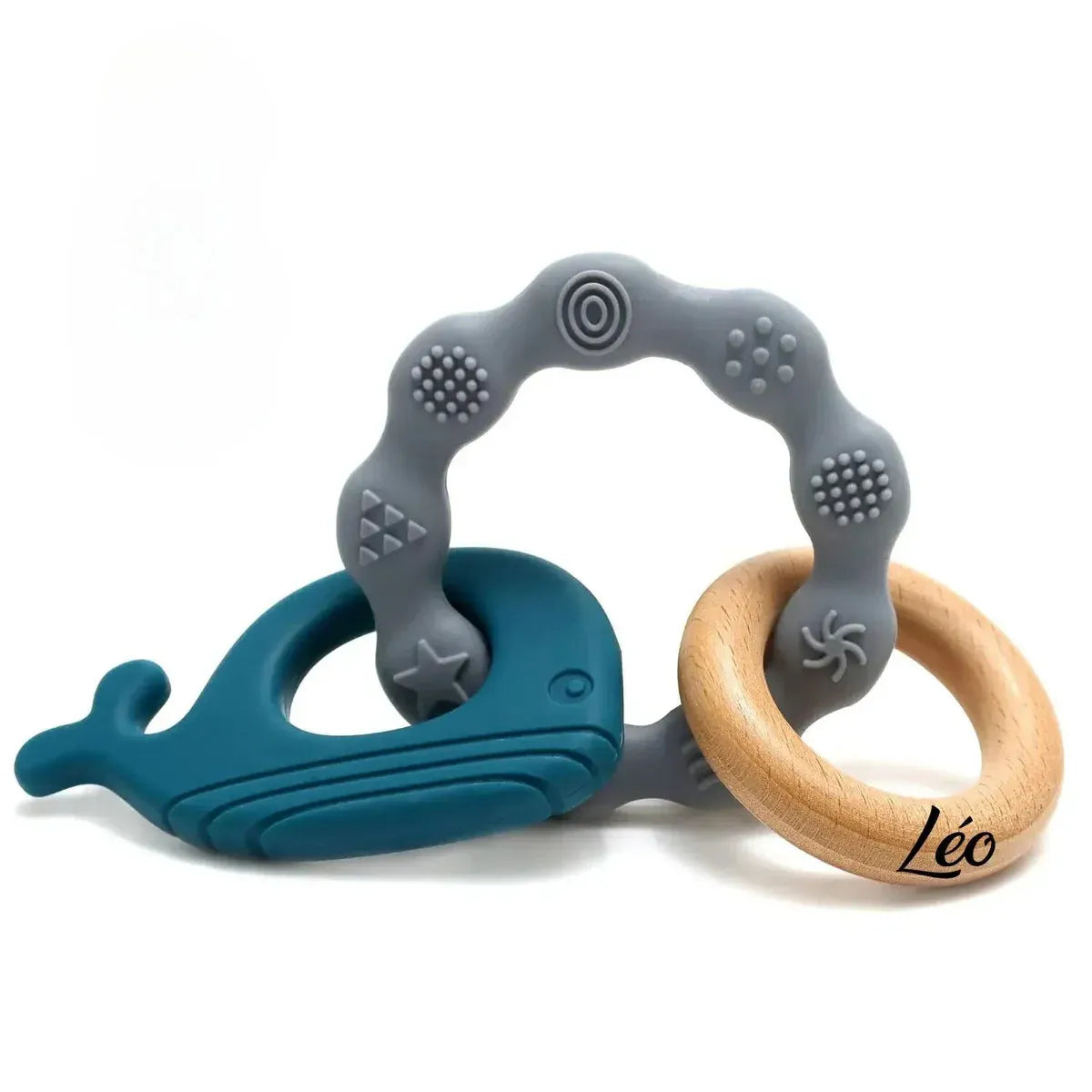 Baby-Crea Anneau de dentition bébé Dauphin bleu marine en bois et silicone