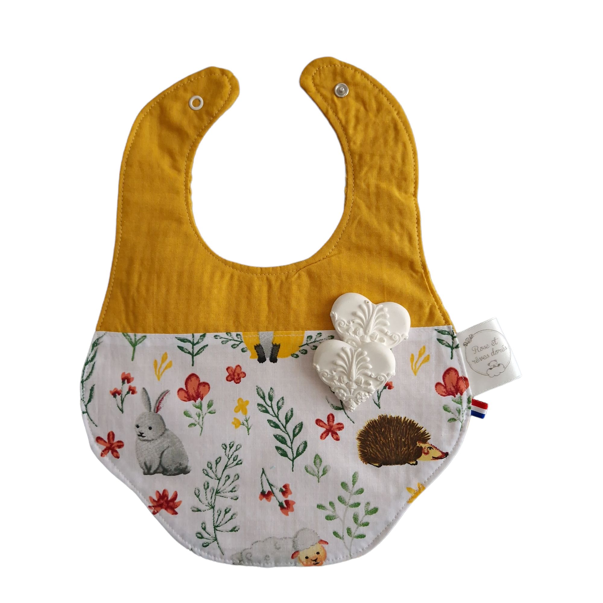 Rose et rêves dorés Bavoir pour bébé Petits Animaux en coton moutarde