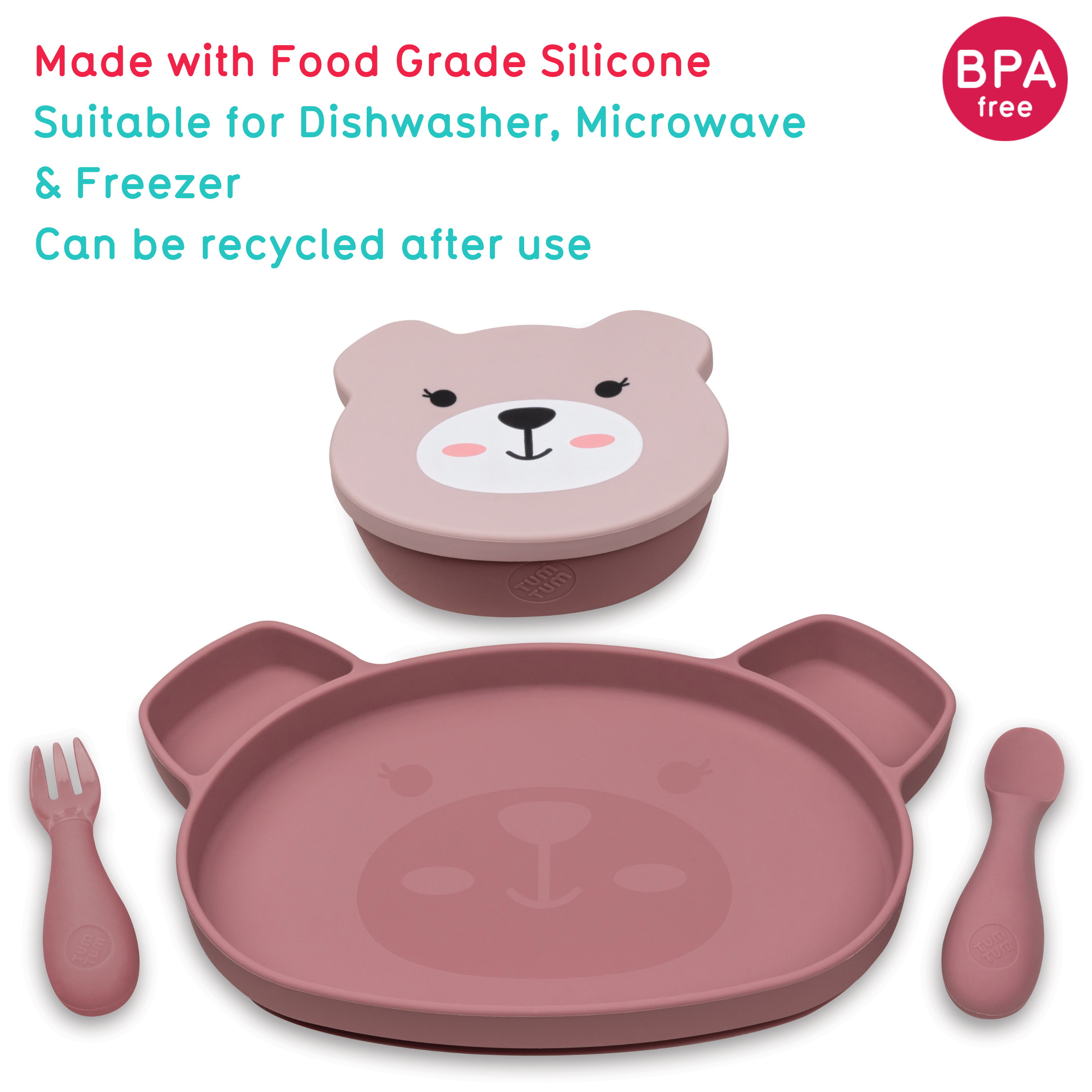 Tum Tum Bowls & Plates set repas bébé rose en silicone avec ventouses