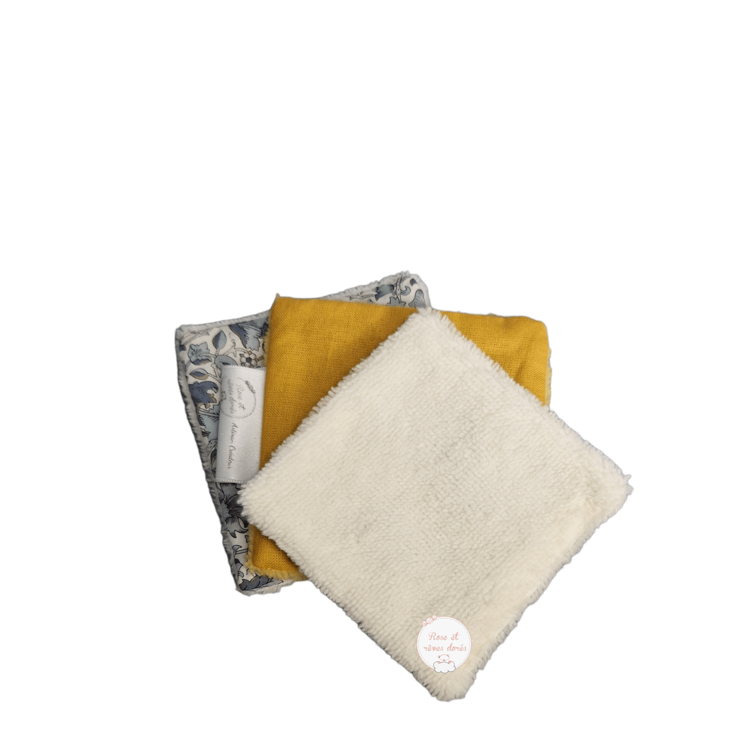 Rose et rêves dorés Lingettes, serviette visage, gants Lots de 3 lingettes Liberty Lodden coton lavable