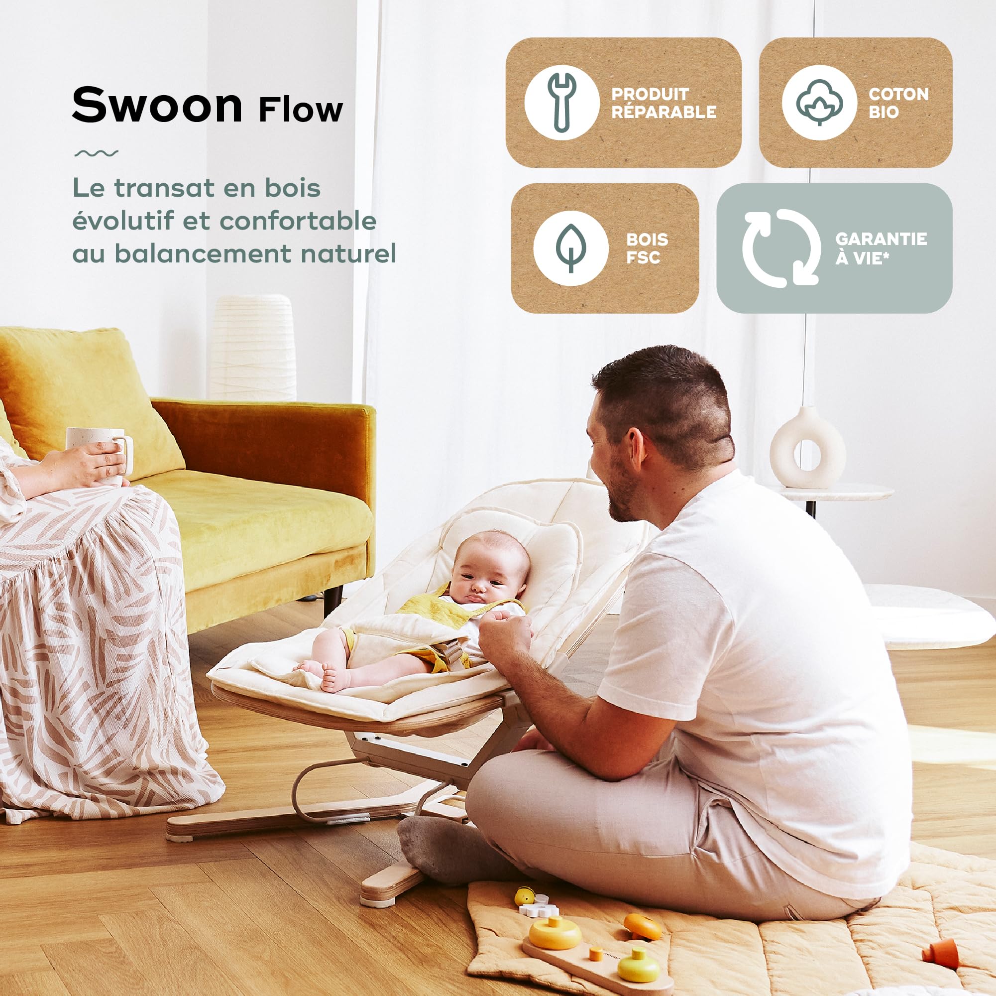 Babymoov Swoon Flow transat bébé évolutif beige bois jusqu’à 18 kg