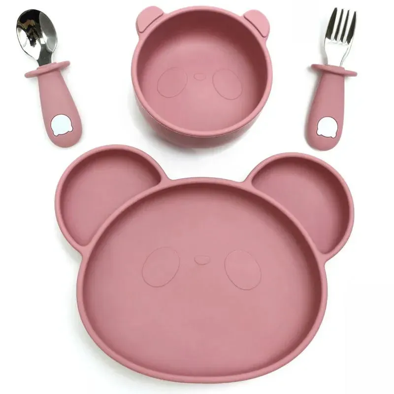 Baby-Crea Coffret repas bébé Panda assiette bol ventouse couverts inox rose pâle