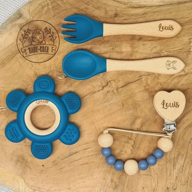 Baby-Crea Coffret naissance personnalisé couverts attache-tétine couronne Bleu marine