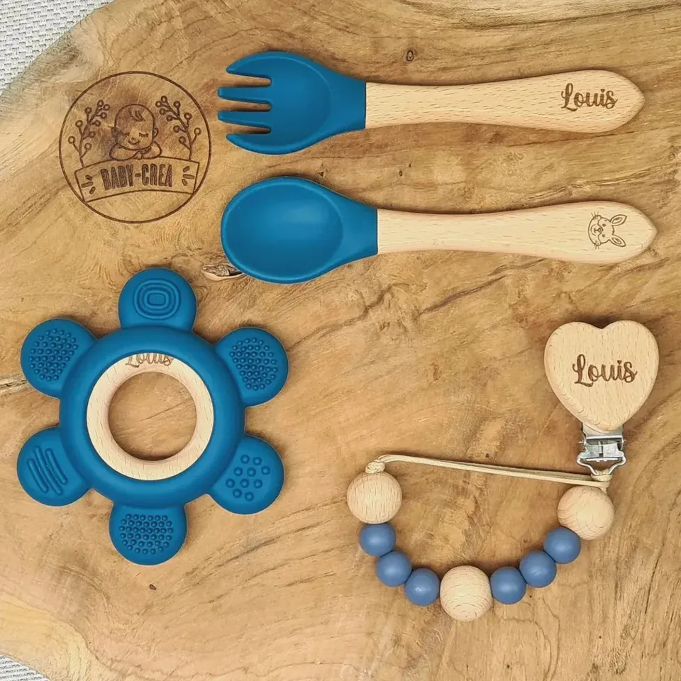 Baby-Crea Coffret naissance personnalisé couverts attache-tétine couronne Bleu marine