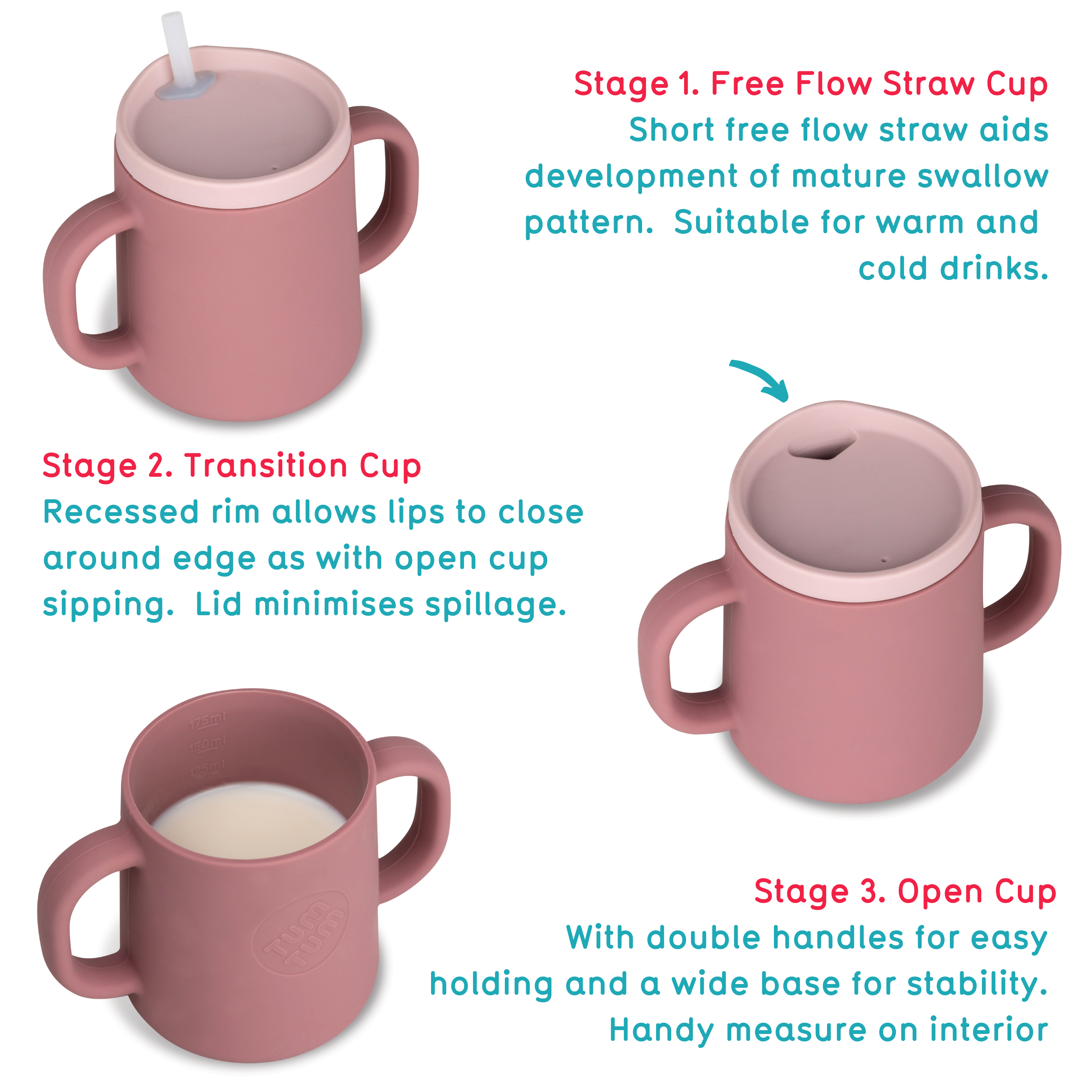 Tum Tum Cups 3 Way Trainer Cup tasse d’apprentissage rose 180 ml