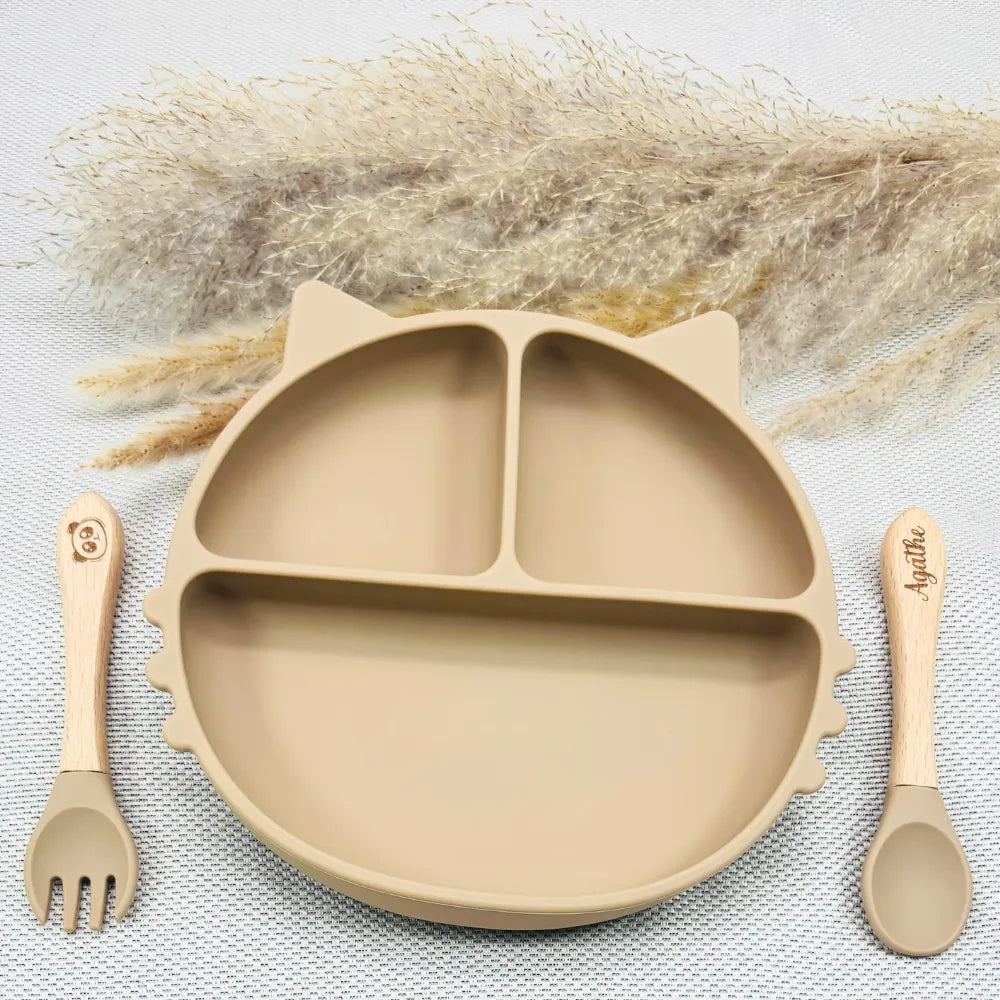 Baby-Crea Coffret repas bébé assiette chat rose pâle personnalisé