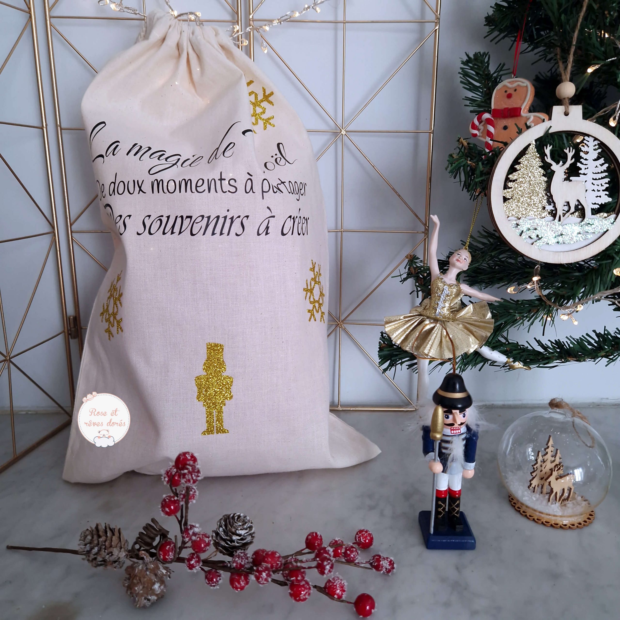 Rose et rêves dorés Noël Hotte de Noël personnalisable prénom réutilisable