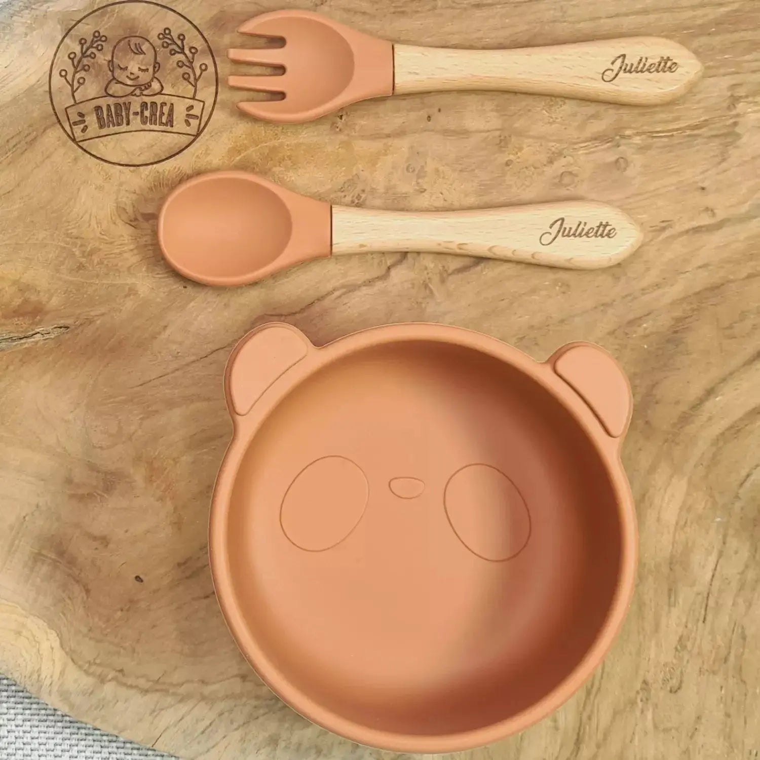 Baby-Crea Vaisselle Bébé Bol Panda à ventouse et couverts vert olive
