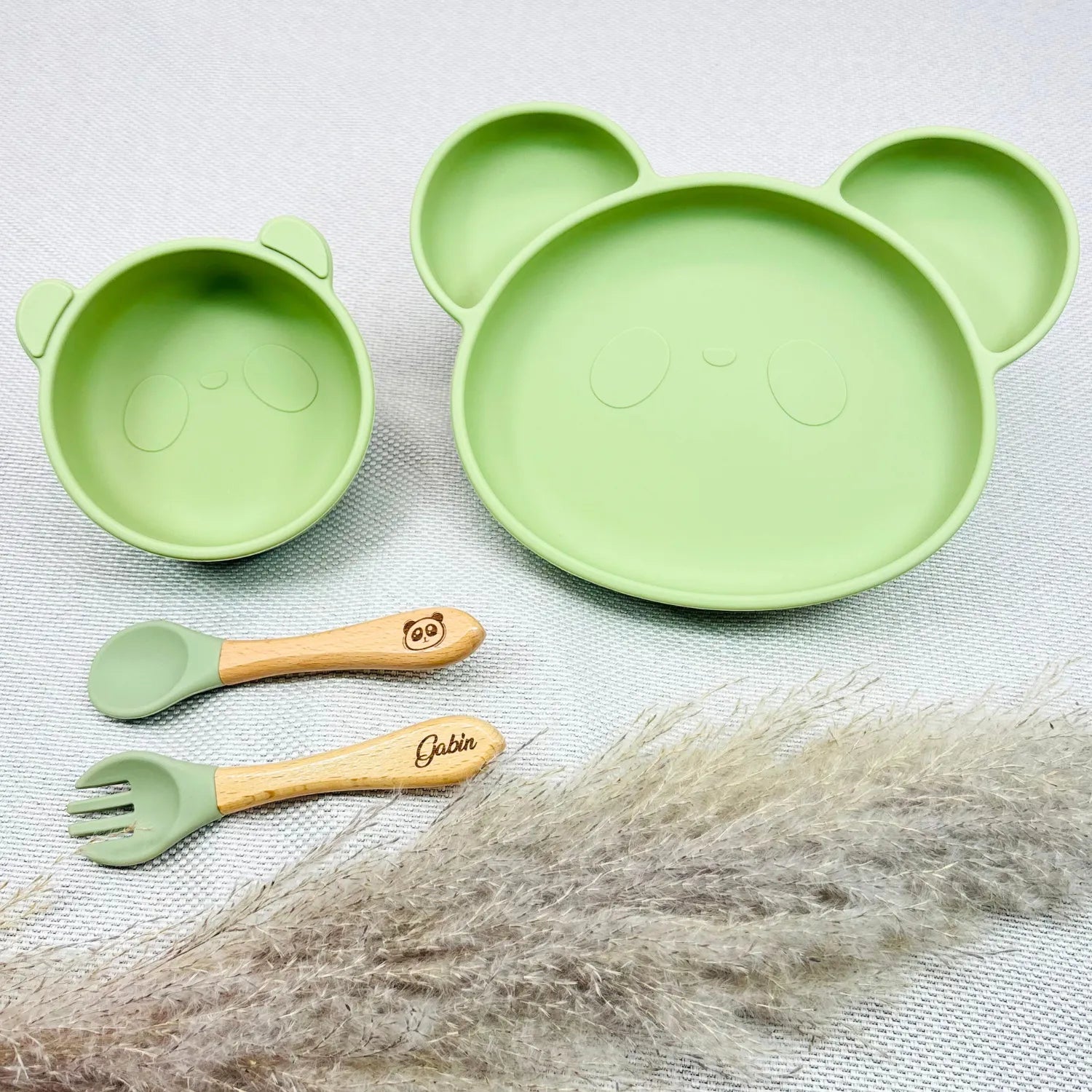 Baby-Crea Coffret repas bébé assiette panda bol panda bleu marine personnalisé