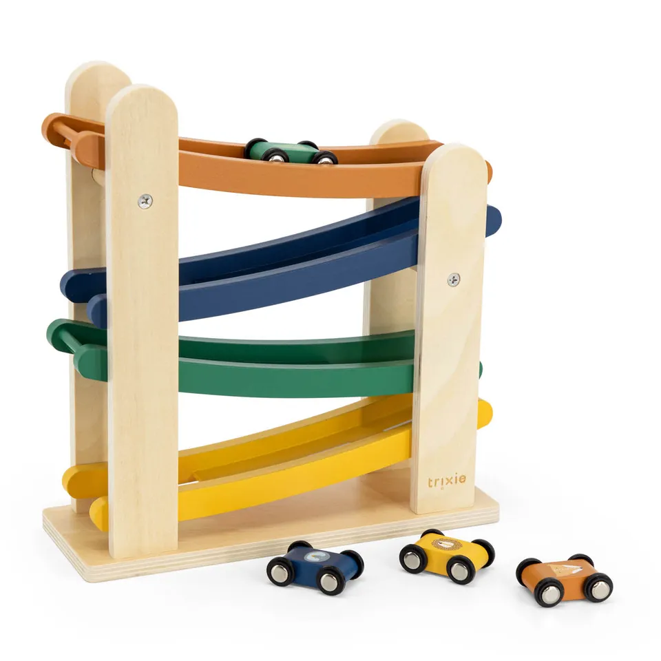 Trixie Baby Jouets à roulettes rampe de course en bois avec 4 voitures