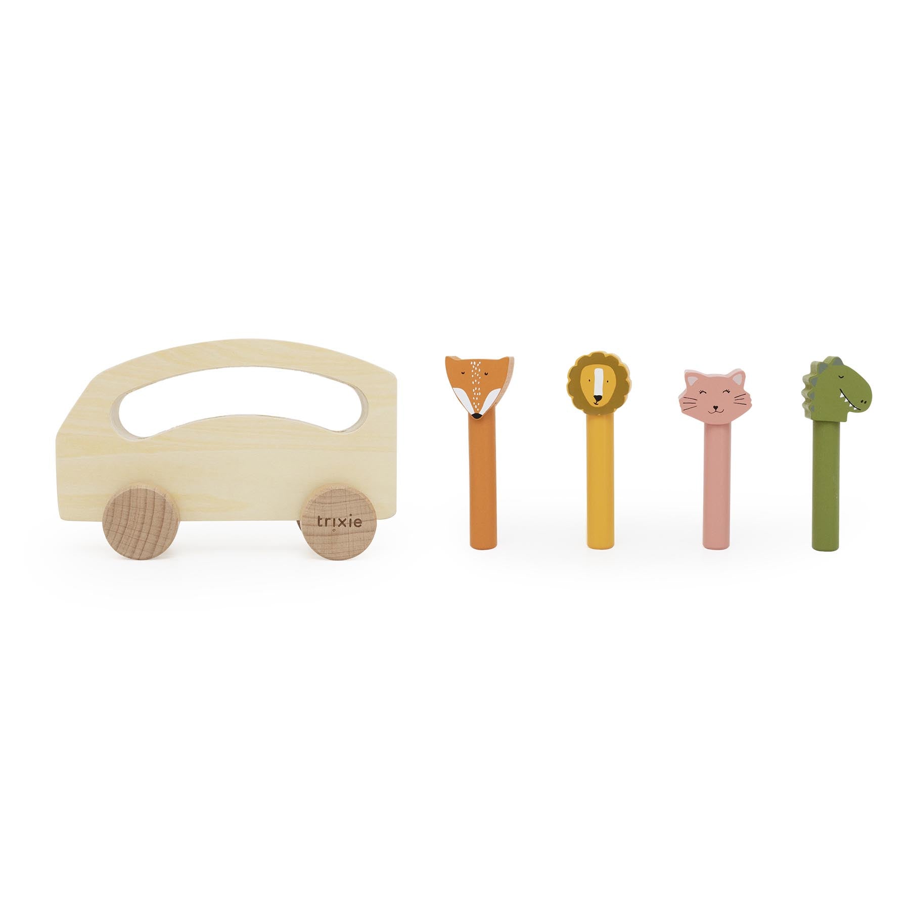 Trixie Baby Jouets à roulettes bus en bois avec animaux pop-up