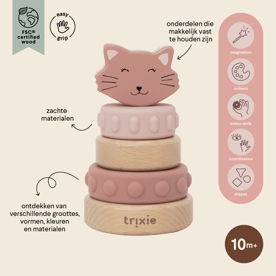 Trixie Baby Jouets à empiler Tour à empiler Mrs. Cat bois et silicone